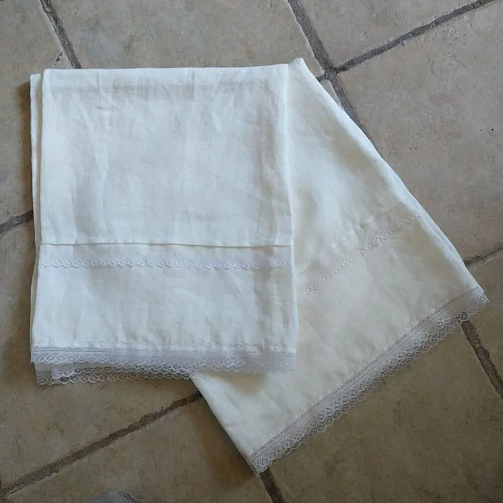 Vtg Panels Linen Curtains Ivory  Ecru Lace Tims Pair 50x30